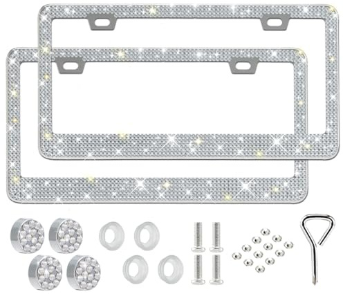 Marco de matrícula de diamantes de imitación para mujer, cubierta de acero inoxidable de alta calidad, 1000 + 14 facetas, marco de matrícula de lujo con caja de regalo y juego de tornillos de tapa