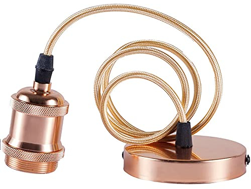 Hsthe Sea Lámpara colgante con anillo roscado, Portalámparas E27 con cable de enchufe Portalámparas retro vintage de aluminio, Lámpara colgante con enchufe E27, Cable textil de 100 cm, Dorado