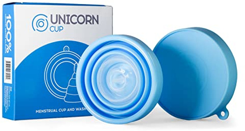 Unicorn Cup Coppetta mestruale pieghevole e sterilizzatore/custodia per il trasporto (blu), utilizzabile fino a 12 ore, flusso leggero/medio/pesante, super morbido 100% silicone di grado medico,