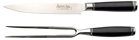 Katana Saya Pakkawood 2 Piece Carving Set, 20cm Carving Knife and 18cm Carving Fork, Japanese 67-Layer VG-10 Damascus Stainless Steel, Black Pakkawood Handle, Kitchen Knife