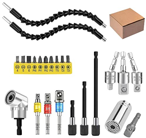 24pcs Flexible Drill Bit Extension Set, 105°Right Angle Drill Attachmen, Rotatable Joint Socket 1/4 3/8 1/2 Inch Hex Socket Adapter Socket Bendable Drill Bit Extension Screwdriver with a Box (Sliver)