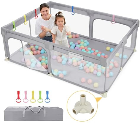 Dripex Parque Infantil Bebé, 150x200cm Corralito Bebé Antideslizante, Parque de Bebe y Niños, Parque de Juegos Tela Oxford 300D, Corral para Bebe con Malla Transpirable, con 2 Anilla Parque, Gris