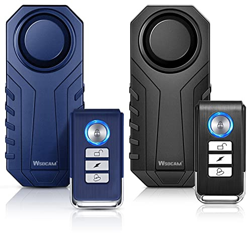 WSDCAM Fahrradalarm 2er-Pack 113 dB kabelloses Diebstahlschutz-Vibrationsbewegungsmeldesystem Fahrzeugsicherheitssystem Wasserdichter Motorradalarm Fahrradalarm mit Fernbedienung – Schwarz & Blau