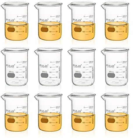 ULAB Heavy Duty Glass Beakers, 12pcs of Vol.250ml, Borosilicate 3.3 Glass, Double Scale, Superior Durability & Chemical Resistance with Graduations, UBG1057