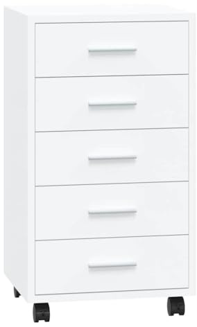 vidaXL Schubladenschrank, Kommode mit 4 Rollen, Schrank Rollcontainer mit 5 Schubladen, Aktenschrank Büroschrank, Modern, Hochglanz-Weiß Holzwerkstoff