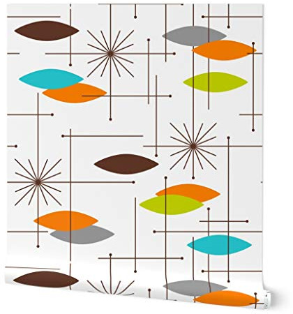 Spoonflower Peel & Stick Wallpaper Swatch - Mid Century Modern, Orbs, Large Scale, Starburst, Atomic, MCM, Retro, Space Age, Brown, Burnt Custom Removable Wallpaper