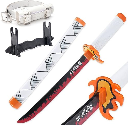 Zisu Rengoku Schwert – 59,9 cm Kurze Katana-Nachbildung für Kinder – komplett mit Gürtel, Ständer und originalgetreuem Design – Rengoku-Schwert, ideal zum Ausstellen