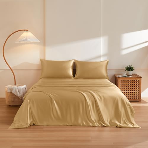 THXSILK 100% Pure Mulberry Silk Duvet Cover Set 3 Piece, 6A+ Grade Luxury Soft Bedding Silk Sheets for Hair and Skin, 1 Pcs Quilt/Comforter Cover with 2 Zippered Pillowcases (Metallic Gold, Twin)