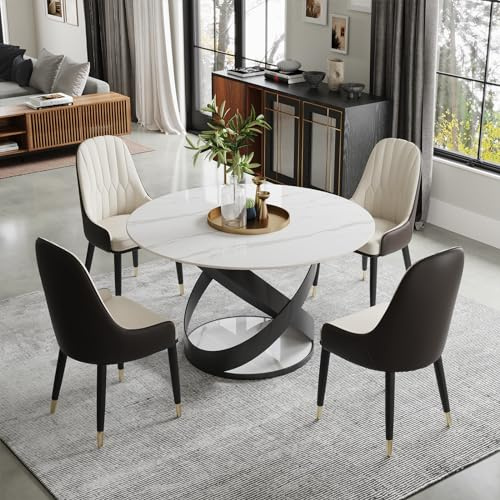 POVISON Esstisch modern rund, Hochglanz tische 130cm für 4 Personen,Küchentisch weiß Marmor aus Sinterstein, mit kunstvoller X-förmiger Basis aus Kohlenstoffstahl,einfache Installation(ohne Stühle)
