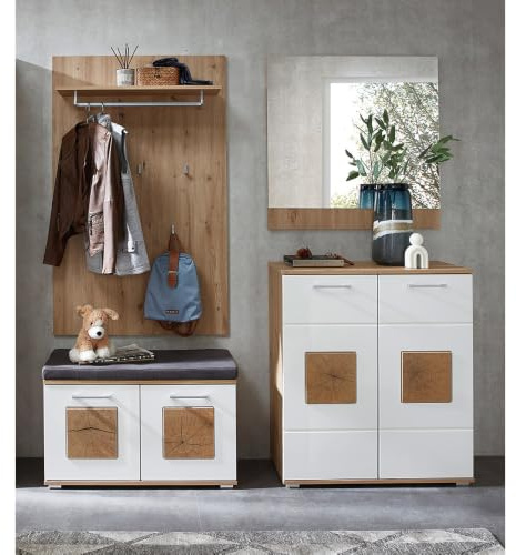 Lomadox Garderoben-Set 4-teilig in braun mit weiß | Flurgarderobe in Eiche mit weiß Hochglanz | Garderobenpaneel, Flurbank, Schuhschrank, Spiegel