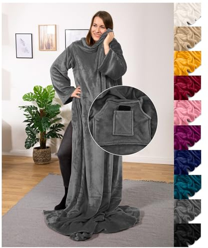 heimtexland ® Ärmeldecke TV Kuscheldecke mit Ärmeln Taschen Fußsack Super Soft Flanell tragbare Decke Ganzkörperdecke Typ870 Anthrazit Grau 180x150 cm