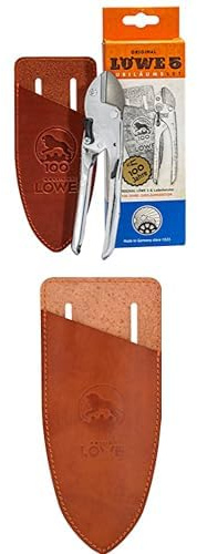 Original LÖWE Set bestehend aus Jubiläumsedition Garten Amboss Schere 5.100 mit handgefertigtem Lederholster & Klingenschutz und Holster 9808 zum Schutz beim Tragen am Körper vor Verletzungen