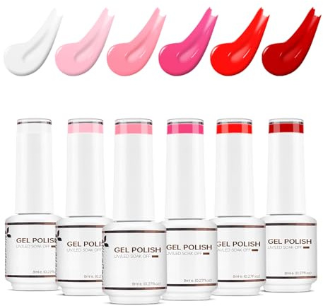 Nicedeco UV Nagellack Set Rot Weiß Rosa 6 Farben 8ml UV LED Soak Off Gel Nagellack Farbgel Rosa Weiß Valentines Day Gift Set 6-18