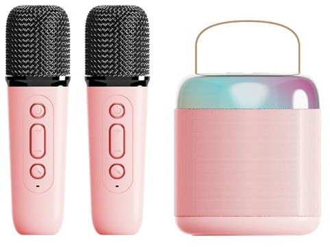 Rechargeable Bluetooth Karaoke Machine,Portable Speaker with Wireless Microphones & Led Lights,Voice Changing Effects,Toy Karaoke Mic Speaker Machine,Home KTV Player Birthday Party (Double Mic,Pink)
