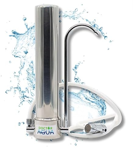 DOCTOR AGUA Filtro de Agua HCS Ultra Purify con Zeolita sobre Encimera. Acero Inoxidable. Bactericida Antiviral Elimina 99,99% de las Impurezas. Conserva Sales Minerales del Agua. 10 Años Garantía