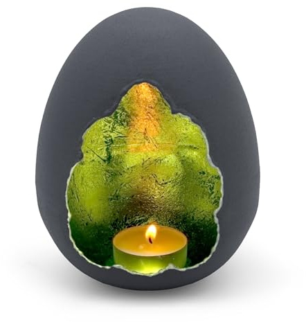 Kerzenständer Osterei aus Metall 15 cm - grau matt/metallic grün - Deko Ei Teelichthalter im eleganten Design - Tischdeko Kerzenhalter Windlicht Kerzenschale für Teelichter Frühlingsdeko Osterdeko
