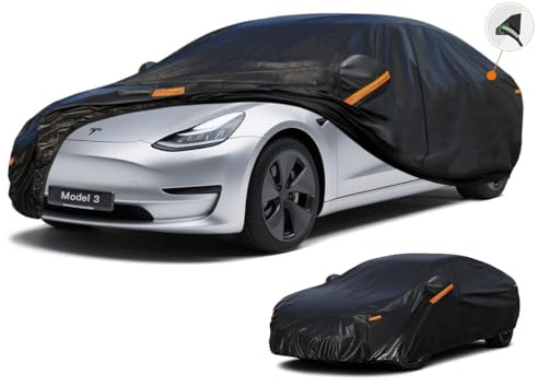 Kayme Funda Coche Exterior, Compatibles con Tesla Model 3 (2017-2025), Cubierta para Coche Impermeable Transpirable Anti-UV Antipolvo de 7 Capas, Cubre Coche con Cremallera y Forro de Algodón.