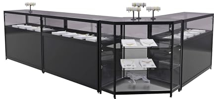 Verkaufsvitrinen schwarz, Set 3x Thekenvitrine 1/3 Glas und 2/3 Holz B120xH94xT50 cm und 1x Eckvitrine B70,5x H94xT53,5 cm, Schauvitrine ESG-Sicherheitsglas LED-Spots, Verkaufstheke L-Form