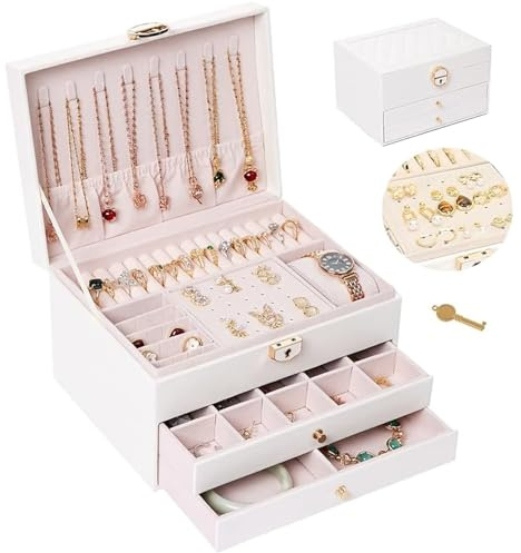 LELYFIT Boîte à Bijoux pour Femme, 3 Couches Rangement Bijoux, Coffret Bijoux de Voyage, Organisateur à Bijoux Verrouillable, Jewelry Stockage pour Colliers Bagues Bracelets