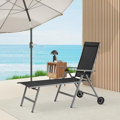 Aluminum Adjustable Outdoor Chaise Lounge Chairs with Wheels for Poolside, Beach, and Patio, Reclining Sunbathing Lounger, Grey.