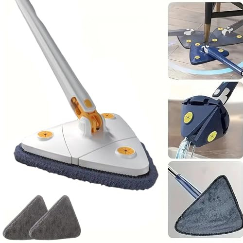 Dreieckiger Bodenwischer Angel Mop, Triangle mop, 360° drehbarer Verstellbarer Reinigungsmopp, Wischmopp mit Auswringfunktion für Hartholz, Fenster, Boden, Wand, Fliesen (Weiß (+2 Tücher))