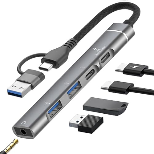 Hub USB C USB 3.0, adaptador USB C a USB OTG 4 en 1, divisor USB C con conector de auriculares de 3.5 mm, PD de 15 W, USB 3.0, USB 2.0, puertos USB C, dongle USB C para MacBook Air/Pro, XPS, iMac,