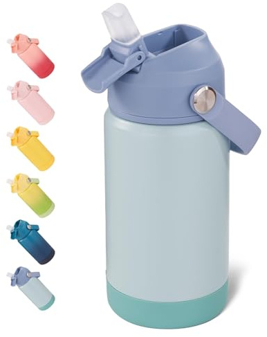 Fijinhom 360ml/12oz Kids Water Bottle for School, Toddler Cup with Straw & Handle, 304 Stainless Steel Insulated Water Bottle, Non-Slip Silicone Base, BPA Free,Haze Blue