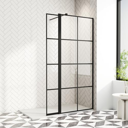 AQUARA 800mm Shower Screen with 300mm Flipper Panel, 8mm Easy Clean Toughened Saftey Glass with Support Bar, Black Grid Walk in Shower Screens