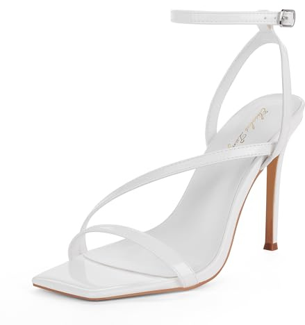 Zhabtuc Sandales pour femmes à talon haut, design carré élégant, bout ouvert et bride de cheville, talon de 10 cm, parfaites pour les soirées et le quotidien, Blanc, 39 EU