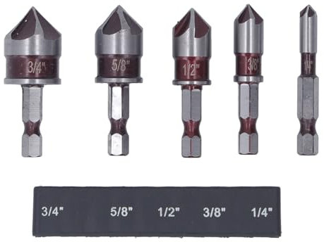 Juego de 5 brocas avellanadoras, broca avellanadora HSS de 82 grados y 5 flautas con vástago hexagonal de cambio rápido de 1/4, broca para fregadero de 1/4” 3/8” 1/2” 5/8” 3/4”