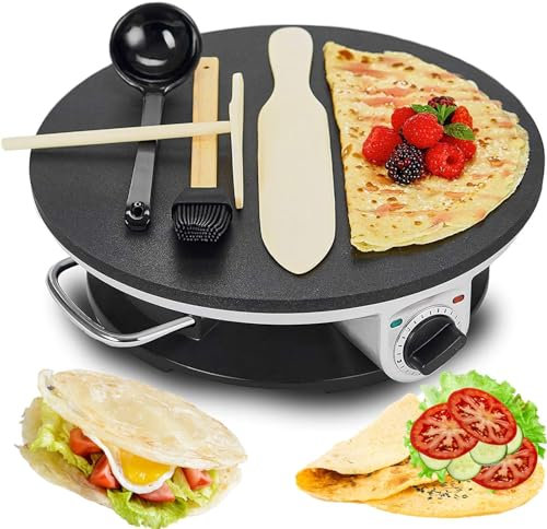 HmLotd Crepera eléctrica, máquina automática para Hacer Tortillas de panqueques con Temperatura Ajustable, Revestimiento Antiadherente, Tres Engranajes de Potencia de Fuego Ajustable