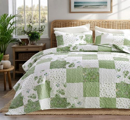 KINBEDY Patchwork-Steppdecken-Set mit Blumenmuster, Queen-Size-Größe, grün, gesteppt, 3-teiliges Steppdecken-Set für Bett, wendbares Bettwäsche-Set mit 2 Kissenbezügen für alle Jahreszeiten