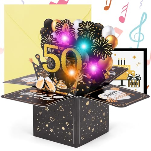 OFFCUP 50. Födelsedagskort 3D gratulationskort med musik och ljus för 50-årsdagen pop up-kort grattis på födelsedagen födelsedagskort födelsedagspresent för kvinnor barn flickvän män (svart guld)