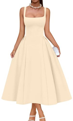 Memoriesea Women's Elegant Square Neck Swing A Line Wedding Evening Party Midi Dress Apricot