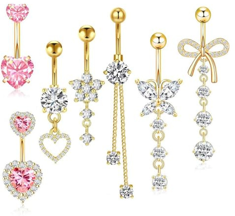 7pcs Belly Button Bars,Belly Bar 14G Navel Bars,Dangly Belly Button Piercing Jewellery,Silver Stainless Steel Belly Bars with Flower Butterfly Heart Navel Piercing Jewelry for Women Girls(Gold)