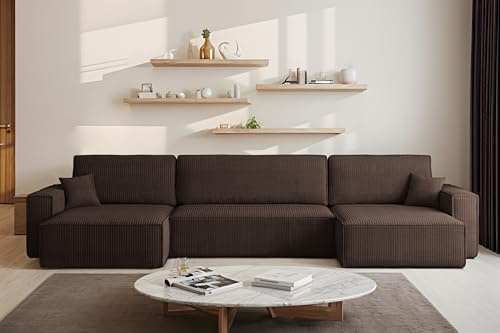 Kaiser Möbel - Ecksofa mit Schlaffunktion und Bettkasten, Wohnlandschaft U Form XL, Schlafsofa, Bigsofa, Bequemes Couch mit Ottomanen für Wohnzimmer, Cordstoff, Lounge-Set U-Form, Best U XL, Braun