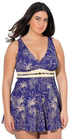 Ulla popken damer stora storlekar överdimensionerade plus size badklänning, palmer, mjuka kupor, återvunna, Powermesh 837526, Midnattblå, 48
