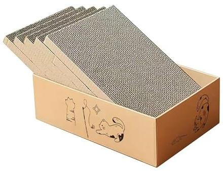 Petzen Cat Scratching Board with Box, 5-Pack Extra Thick Scratch Pads, High Density Corrugated Cardboard, Larger Size for Cats, Recyclable and Durable Cat Scratcher, 45cm x 26cm x 15cm