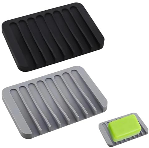 2 Stück Seifenschale Silikon, Seifenschale mit Ablauf, Seifenspender Ohne Bohren, Soap Holder, Soap Dish, Seifenspender, für Bad, Küche, Waschbecken, Grau, Schwarz