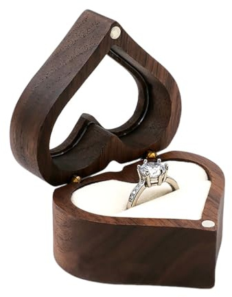 OUDQFCJ Boîte à Bagues en Forme de Cœur, Coffret en Bois de Noyer avec Velours Noir, Écrin à Bijoux pour Bagues et Boucles d'Oreilles, Idéal pour Demandes en Mariage et Fiançailles (Noir)