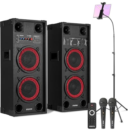 Fenton SPK-208 Complete Karaoke Machine Set - 800W Bluetooth Active Speakers with Dual Wired Microphones & Adjustable Tablet Tripod Stand for Singing & DJ Parties at Home