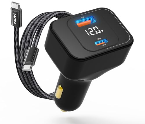 170W USB C Car Charger Fast Charge, PD3.1 QC Cigarette Lighter With Cable | Dual Port Rapid Charging Hub With LED Smart Digital Display, Intelligent Multi-protection Chip, With 3.3ft 240W C to C Lead