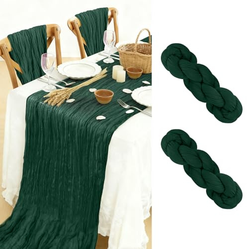 BOUBONI 2 Stück Seihtuch Tischläufer 90x300cm Boho-Gaze Käsetuch Tischläufer für Hochzeit Dekoration Geburtstag Party Babyparty Tischdekoration (Smaragdgrüner)
