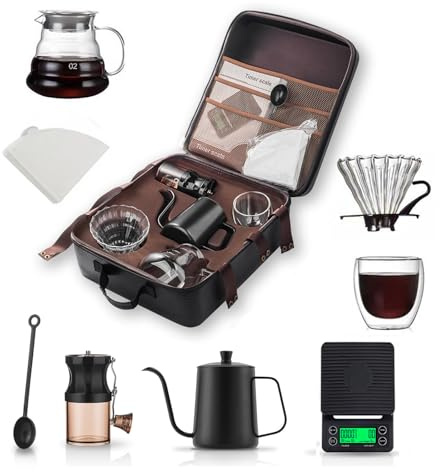 Juego de café hecho a mano de 8 piezas, molinillo de café multifuncional portátil, juego de herramientas para preparar a mano, accesorios completos para amantes del café, para interiores y exteriores