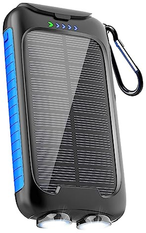 Saraupup Solar Power Bank 20000mAh Portable Charger 15W Fast Charging with USB-A USB-C Ports Battery Bank Compatible with iPhone, Waterproof, Emergency LED Flashlights for Camping, Hiking Blue