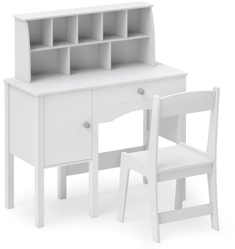 Maxmass Kids Table and Chair Set, Wooden Children Study Table with Drawer, Hutch, Storage Cabinet, Toddler Learning Desk Writing Table School Students Computer Workstation for Boys Girls (White)
