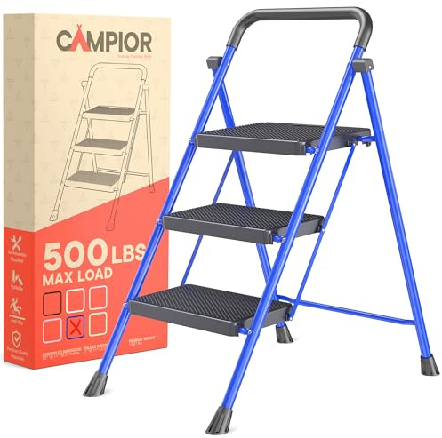 Blue 3 Step Stool Foldable – Heavy-Duty Foldable Step Stool for Adults, 500 lbs Capacity, Anti-Slip Feet & Wide Steps, Sturdy Steel Frame, Lightweight & Space-Saving Design for Home, Kitchen & Garage