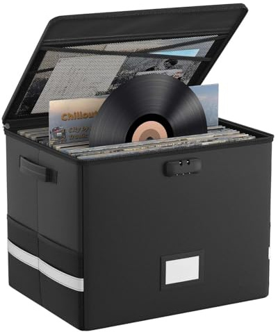 Feuerfest Schallplatten Aufbewahrung Box, Plattenkoffer mit Mit Deckel Griffen Und Schloss Für Bis zur 100+ Schallplatten, Zusammenklappbare Vinyl Schallplattenkoffer für Aufbewahrung Wertvoller Alben