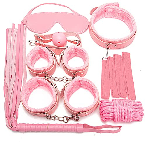 Playing with Companions Adult Games Indoors 7 Pcs Set Adult Tools for Couples with Adjustable Handcuffs Ankle Cuff Thigh Cuffs Blindfold Cross Strap Waist Strap (Pink)
