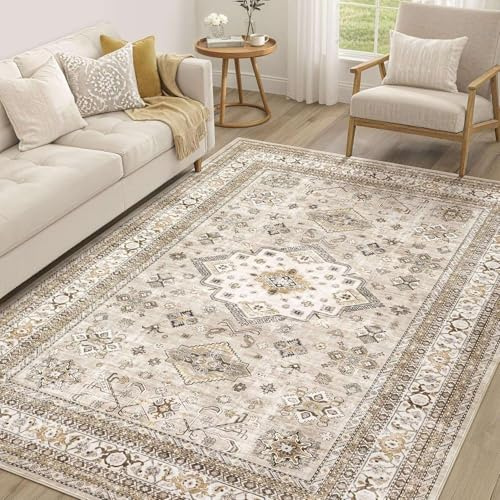 SOJAWA Sanft-Vintageteppich Wohnzimmer,100 x 150 cm Hellbeige mit Hellbraun & Kaffee, Flachgewebter Orientteppich, Geräuschdämpfend & Anti-Rutsch, Moderner Teppich für Schlafzimmer & Flur